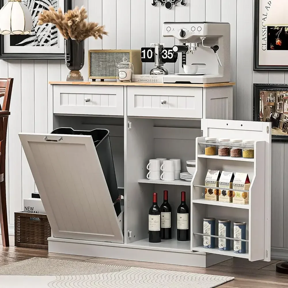 13 Gallon Freestanding Kitchen Trash Cabinet with Hidden Recycling and Pantry Storage, White