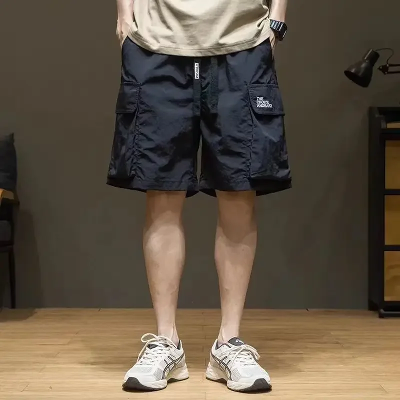 Short Pants for Men with Draw String Solid Black Mens Cargo Shorts Wide Clothing Clothes Beautiful Summer Cotton Harajuku Loose