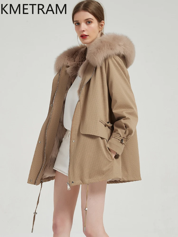 KMETRAM Natural Rex Rabbit Fur Removable Lining Coats Short Fashion Woman Clothing Fox Fur Collar 2025 Winter Parka Jacket шуба
