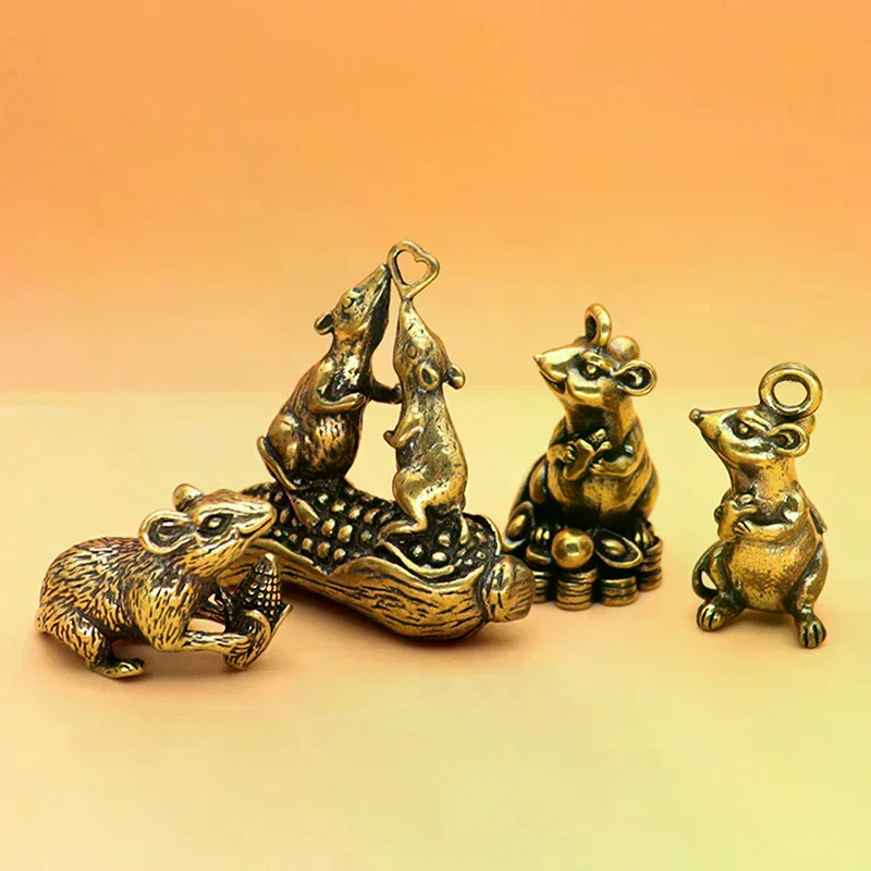 Keychain Gifts Brass Animal Mice Love Rice Figurines Car Key Chain Pendants Jewelry Diy Keyring Hanging Accessories Cute