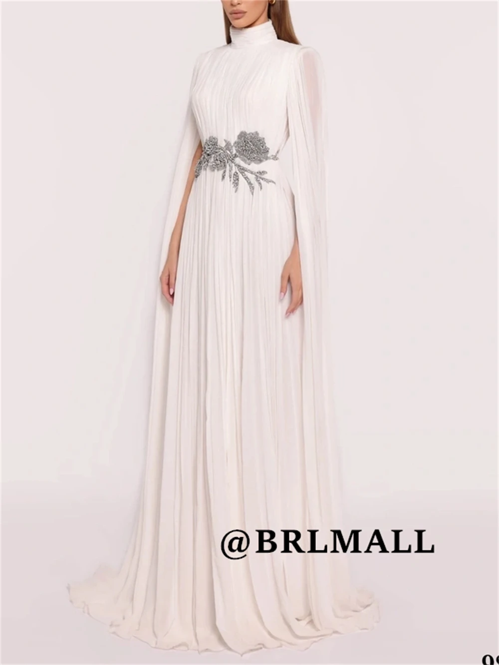 

BRLMALL High Neck Long Formal Evening Dress 2025 with Beaded Flower Details Long Shawl Neck Prom Dresses Couture Party Gown