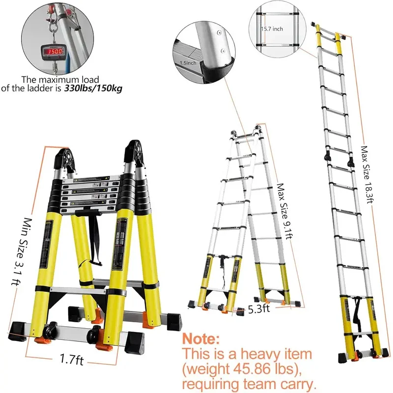 18FT Telescoping A Frame Ladder Portable Aluminum Extension Ladder Collapsiable to 39