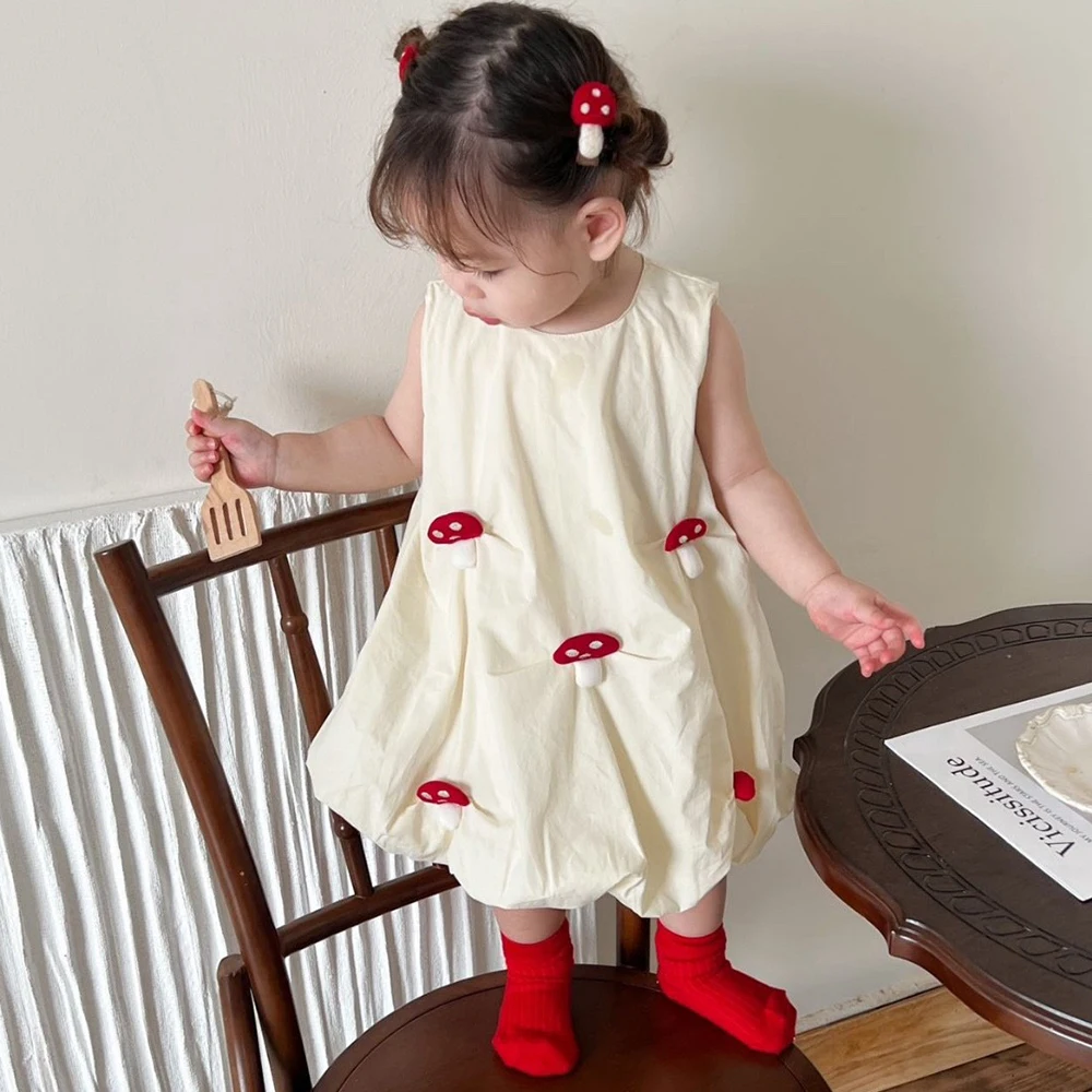 

Baby Girl's New Summer Cute and Fun 3D Mushroom Sleeveless Dress Baby's Pure Cotton Kawaii Beige Vest Style Flower Bud Dress