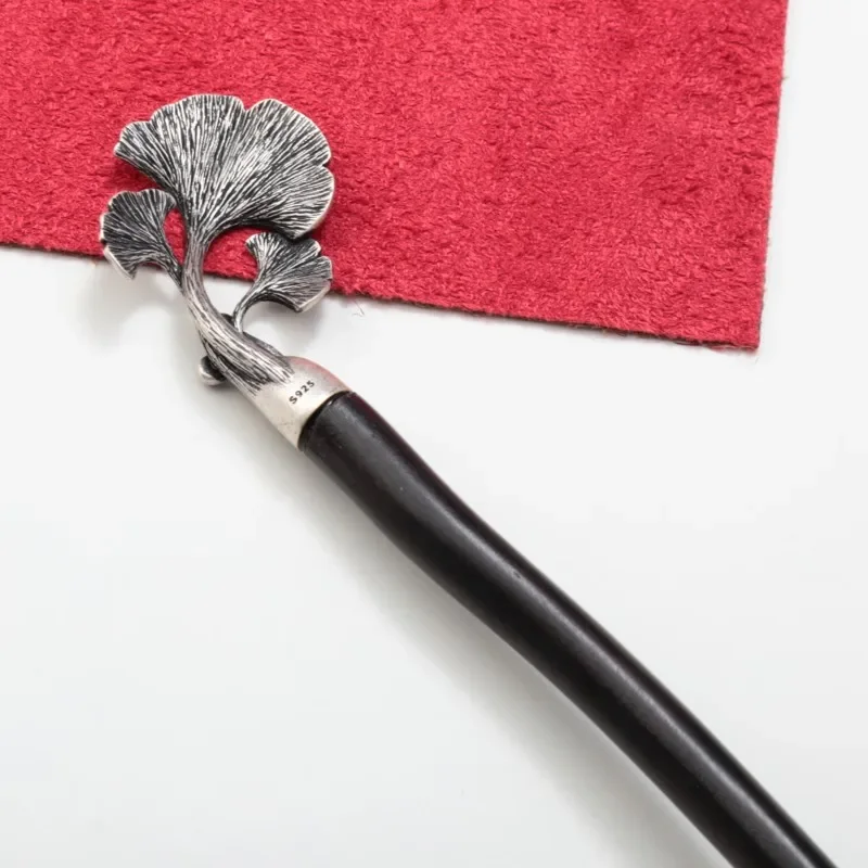 

Sterling silver sandalwood ginkgo leaf hairpin, retro old ink black hair accessories hairpin