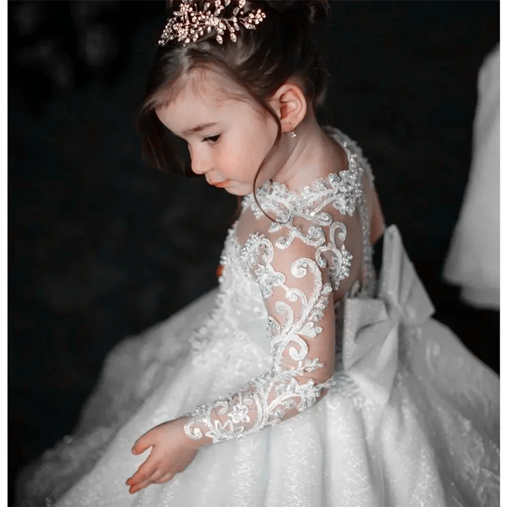 

Cute Luxurious Flower Girl Dress Fluffy Long Train With Bow Bead Kids Birthday GIft Ball Princess Holy First Communion Gowns