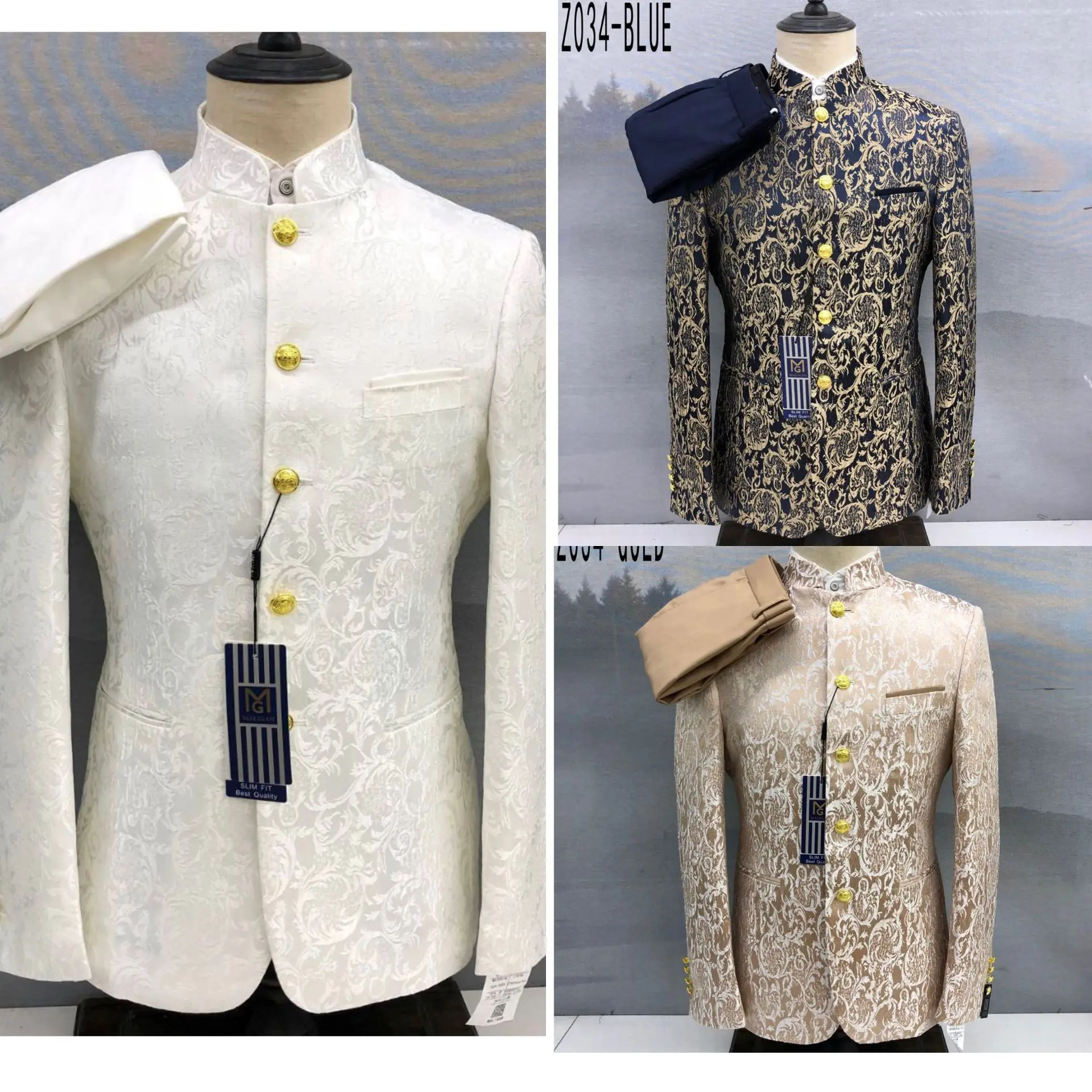 Zhongshan Stand Collar Metal Buckle Patterned African Men Suit Set Boyfriend Slim Male Blazer Trousers Outfit 2pcs Jacket Pants