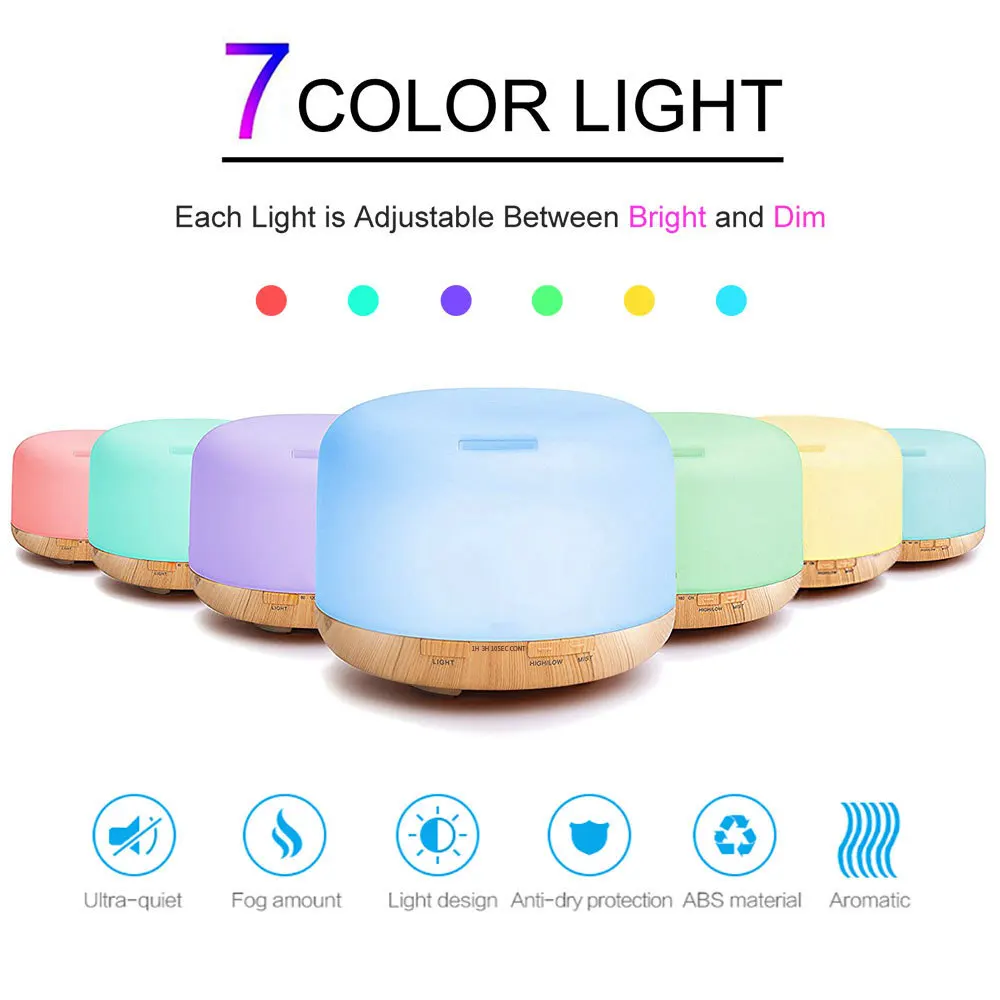 500ML Wood Grain Large Capacity Aroma Diffuser, 1/3HTimer & 7 Color Night Light USB Quiet Mist Humidifier for Bedroom No Battery