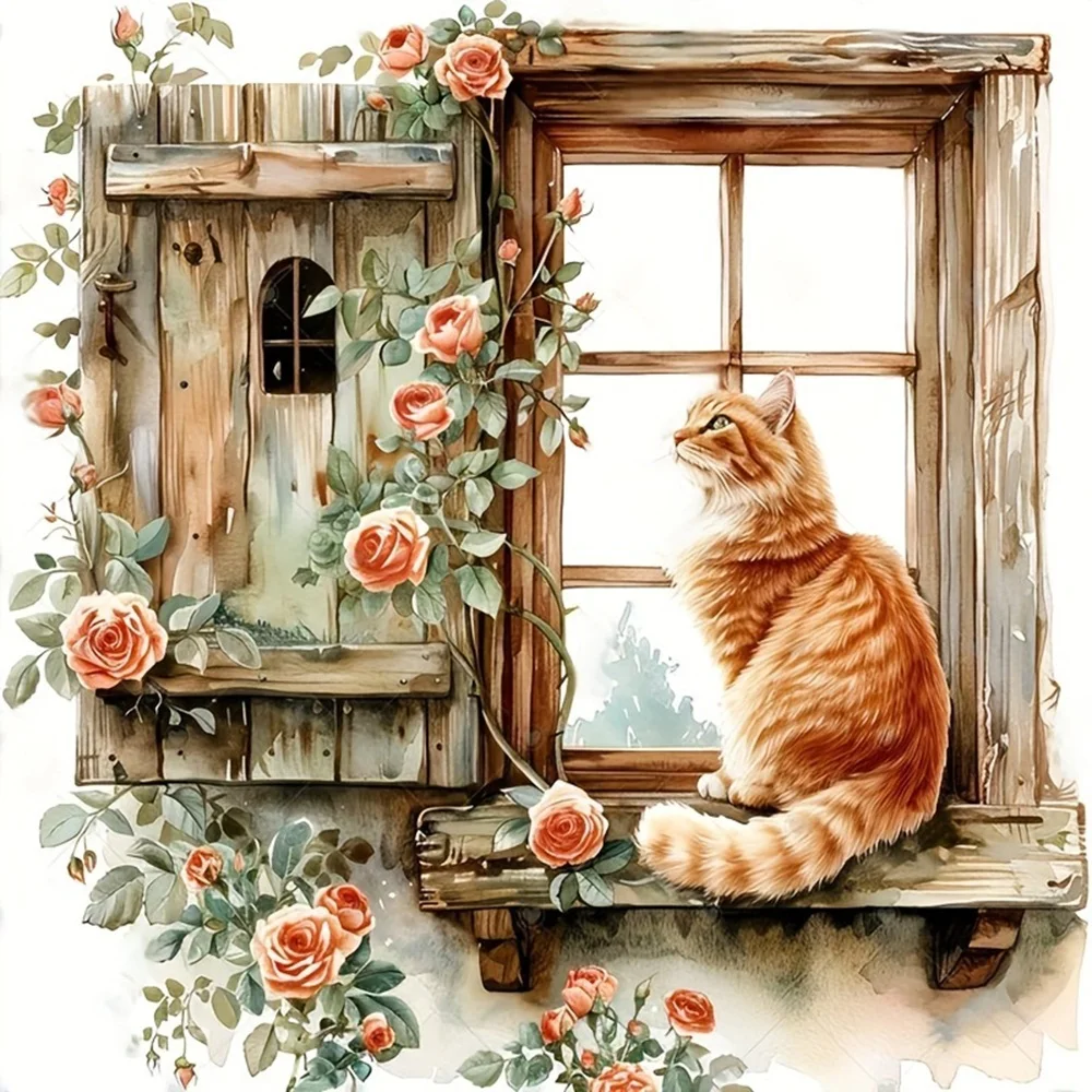 EverShine-pintura de diamante para ventana de gato, bricolaje, taladro redondo cuadrado completo, bordado de gatito, mosaico de exhibición completo, decoración del hogar de animales