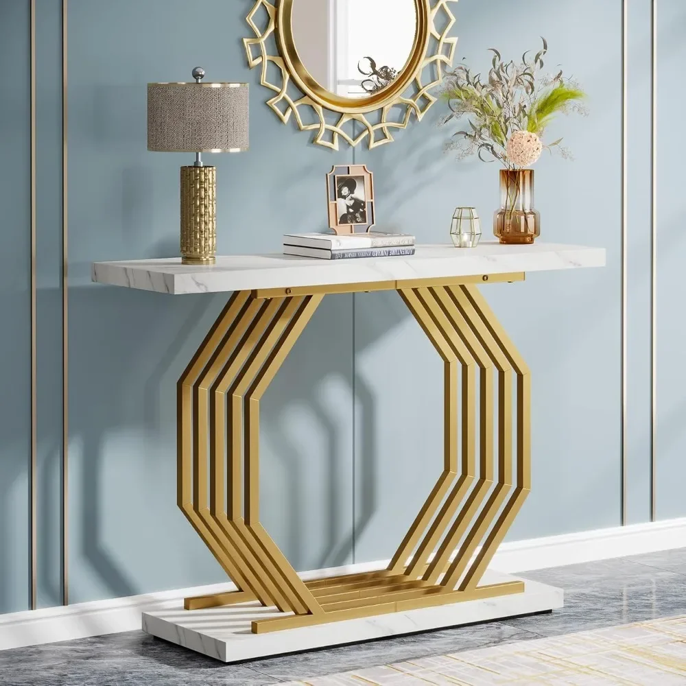 Gold Console Table, Faux Marble Entryway Narrow Sofa Table with Geometric Metal Base, 40 Inch Modern Accent Entrance