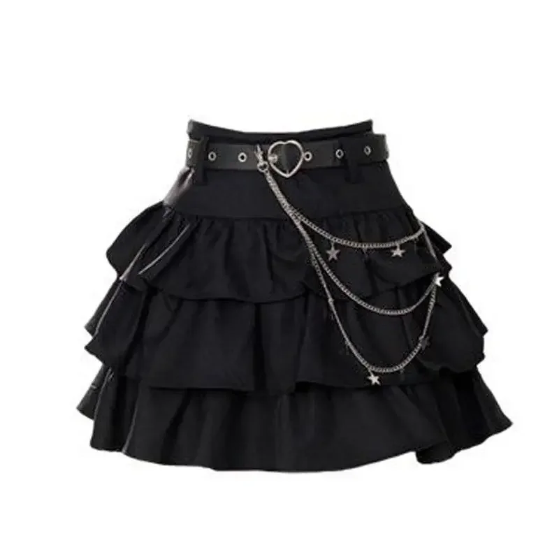 

Black Women High Waist Fairy Vintage Skirts Belt Slim A-line 2024 Woman Chain Kawaii Jupe Summer Sweet Autumn Ruffled Mini Skirt