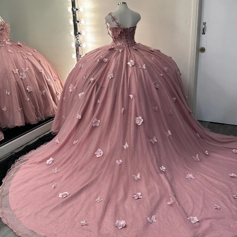 Mexico Pink Off The Shoulder Ball Gown Quinceanera Dress For Girl Beaded 3DFlowers Bow Birthday Party Gowns Prom Dresses Sweet15