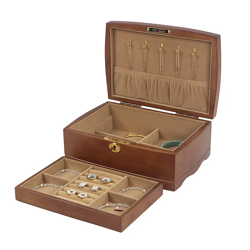 Wooden Jewelry Box with Lock Key For Women Natural Wood Lockable Antique Girls Organizer Boxes Built in Necklace