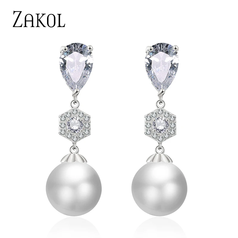 ZAKOL Exquisite Cubic Zirconia Artificial Pearl Simple Fashion Earrings for Women Wedding Dinner Birthday Gift Jewelry FSEP2389