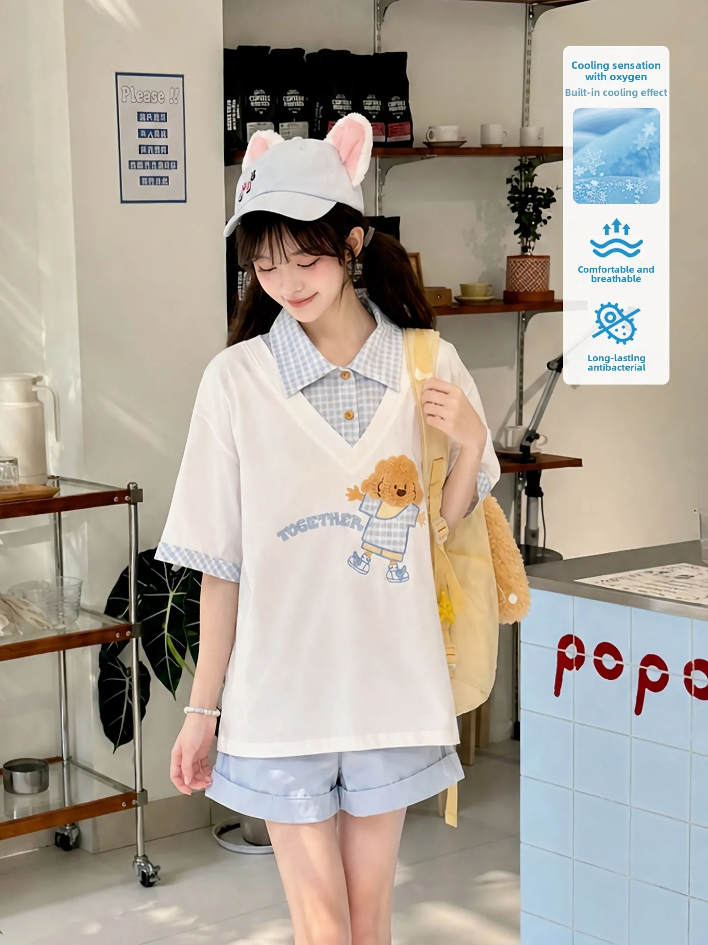 Cute Embroidered Dog T-Shirt Women's Loose Short Sleeve Summer Cool Feeling Cotton Blend Sweet Style Fairy Tale Pattern