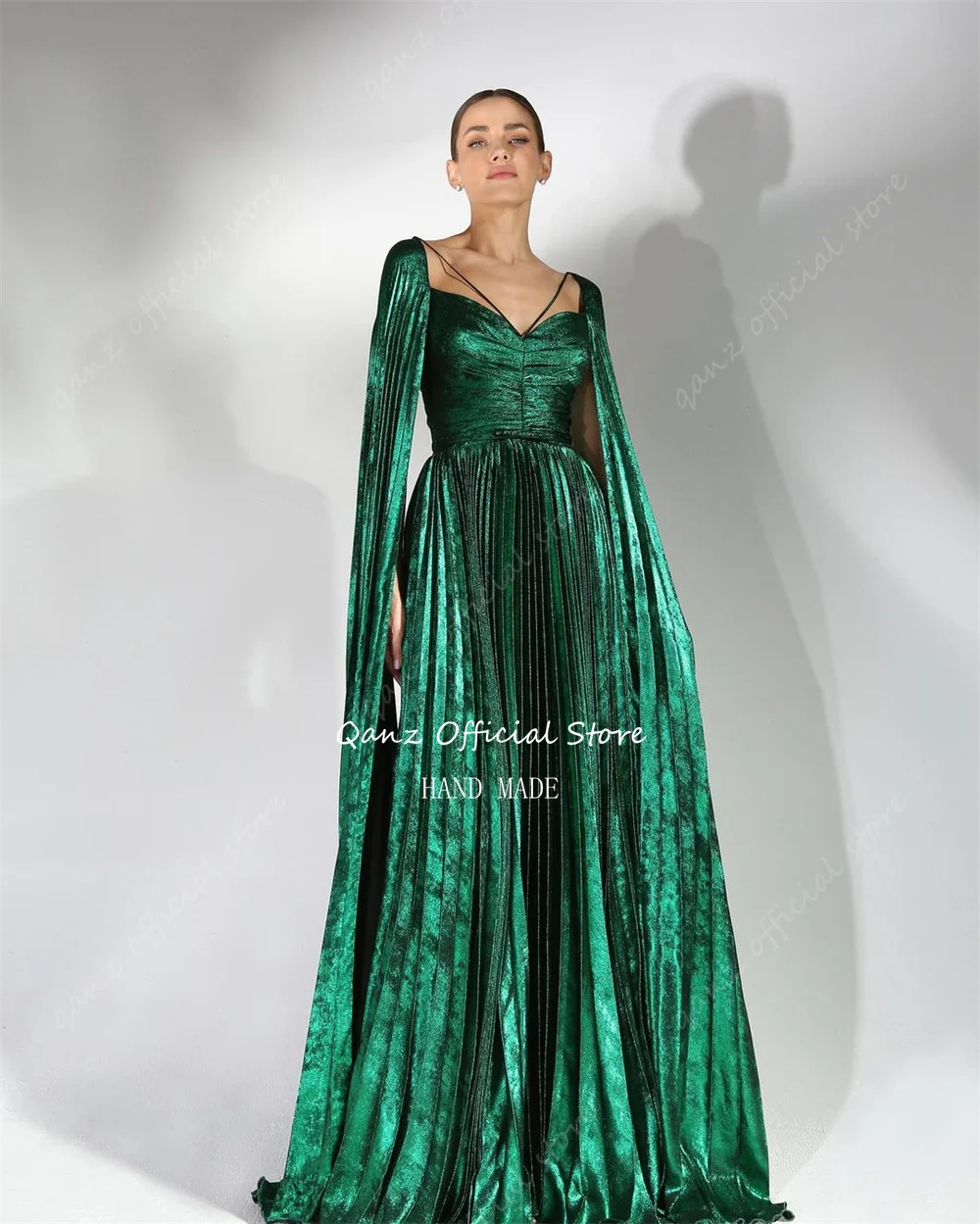 Qanz Emerald Green Gracefull Evening Dresses Long A Line Robes De Soirée Cap Sleeves Vestidos De Noche Para Mujer Customized