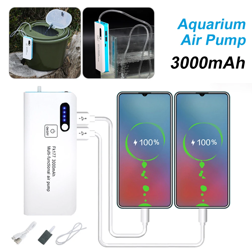 Portable Aquarium Air Pump USB Rechargeable Fish Aerator Oxygenated With Dual USB Outputs Mobile Oxygen Flushing Pump With Lamp