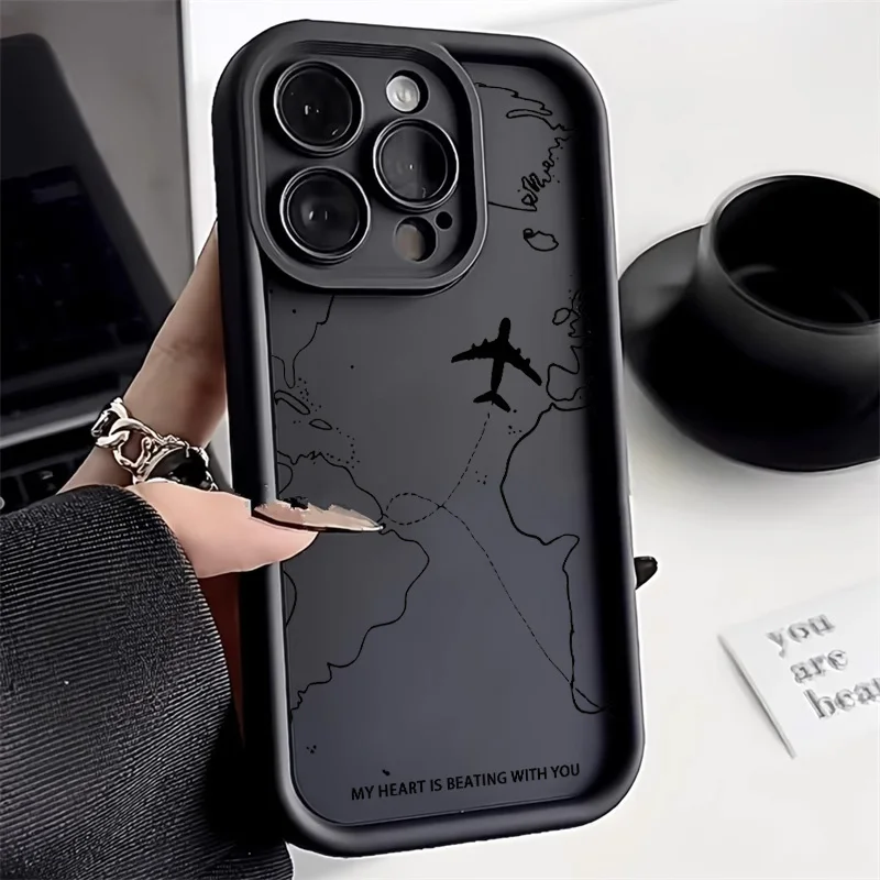 Travel-Inspired Airplane Route Phone Case For iPhone 11 12 13 14 15 16 Pro Max XS X XR 7 8 15 16 Plus Soft Liquid Silicone Cover