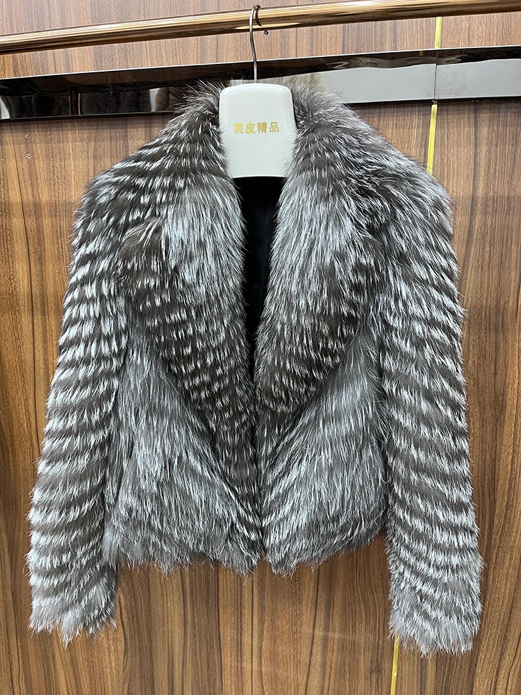 New Fashion Warm Winter Women Natural Silver Fox Fur Jackets Real Fur Strip Sewed Toghter Coat Thick Luxury Outerwear