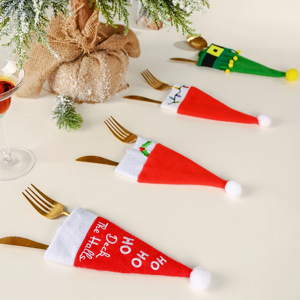 

4 Pcs Mini Elf Hat with Knife and Fork Dining Room Table Decor Holder Xmas Christmas Cap