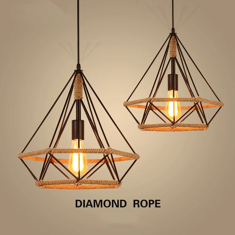 Retro Industrial Ceiling Chandelier Pendant Light For Nordic Dining Table Living room diamond shaped hemp rope E27 Hanging Lamp