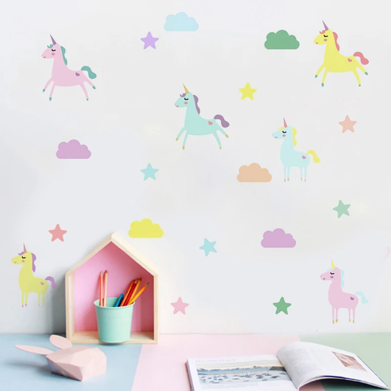 Boho Cartoon Cute unicorn Animal  Watercolor Vinyl Wall Sticker Removable Decals Kids Nursery Baby Bedroom Home Decoration