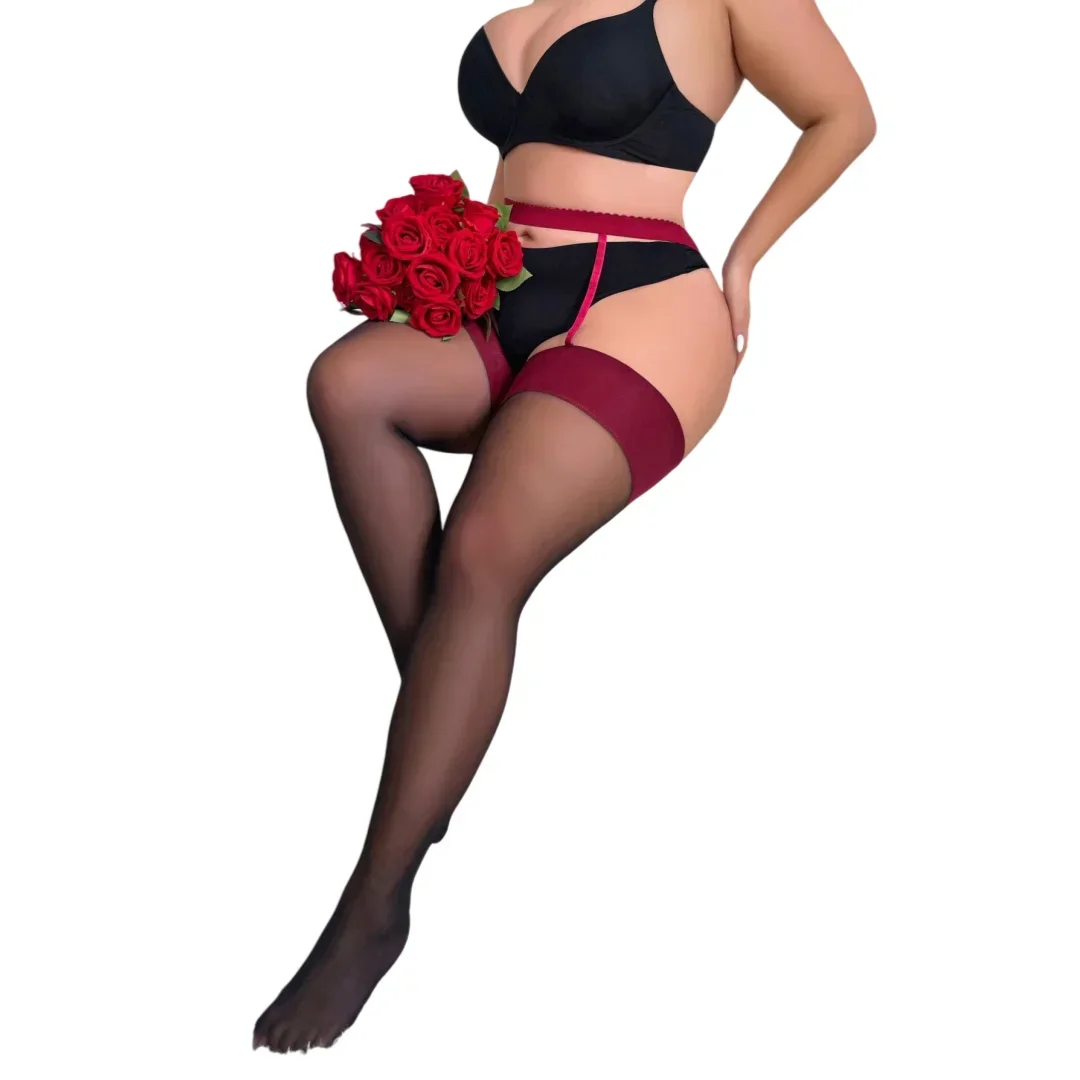 FREEAUCE Hot Sexy 5XXXXXL Pantyhose Plus Size Fishnet Black Thigh High Stockings with Garter for Oversize Woman Christmas Tights image 6