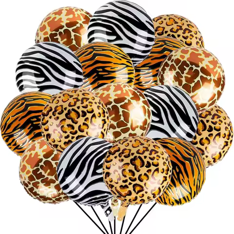 18 Inch Foil Round Aluminum Balloons Giraffe Tiger Zebra Leopard Print for Zoo Safari Jungle Theme Birthday Decorations