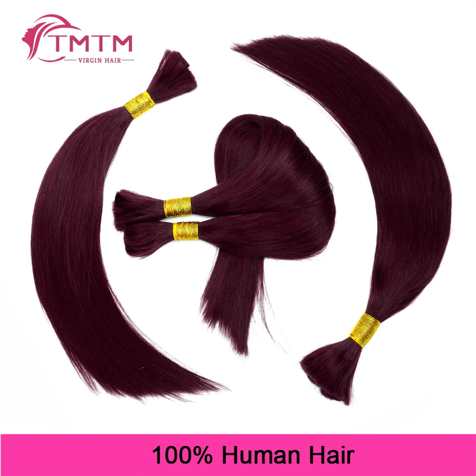 99J# Dark Burgundy Bulk Human Hair Extensions Straight Brazilian Remy Human Hair No Weft 16-28 Inch Bulk Hair For Braiding 100G