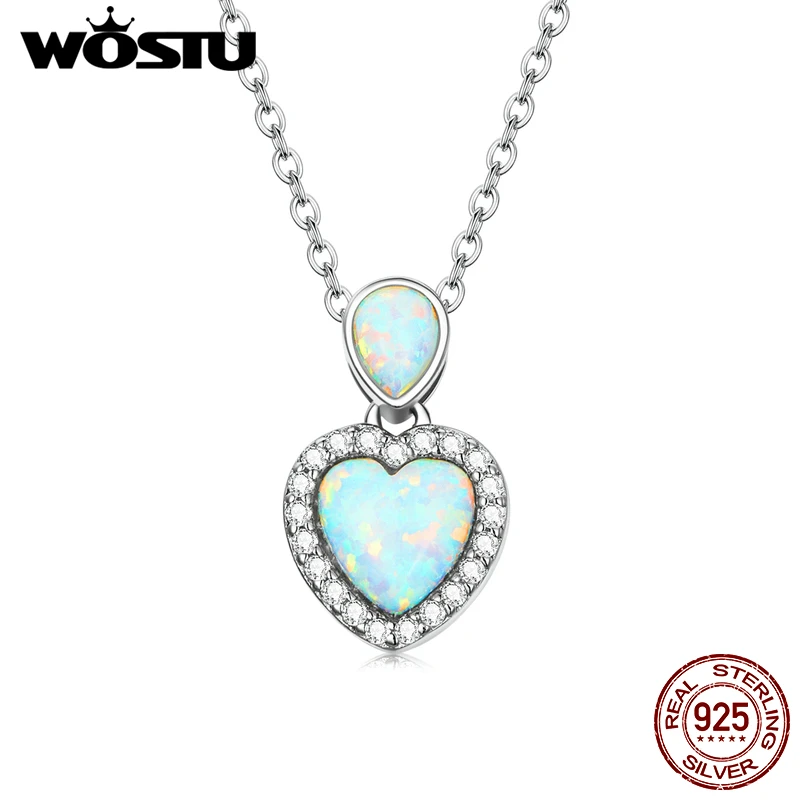 WOSTU 925 Sterling Silver Love Heart Fire Opal Charm Bracelet Chain Necklace for Women Sterling Silver Jewelry Wedding Gift