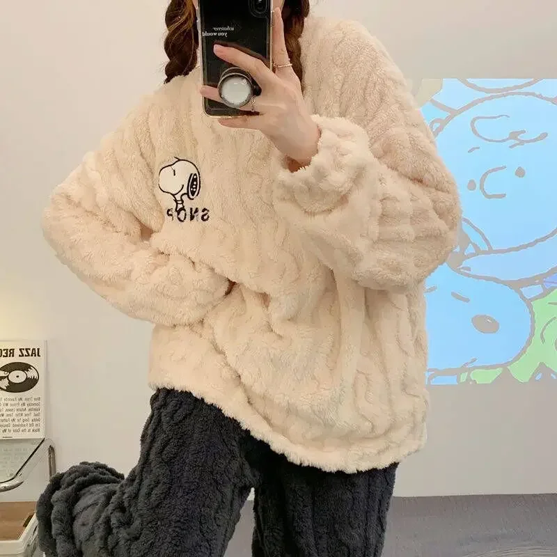 2023 Women\'s Snoopy Pajamas Set Winter Warmth Fall Nightwear Hoodie Pants Korean Girls Sleepwear Cute Home Costume Girlfriends