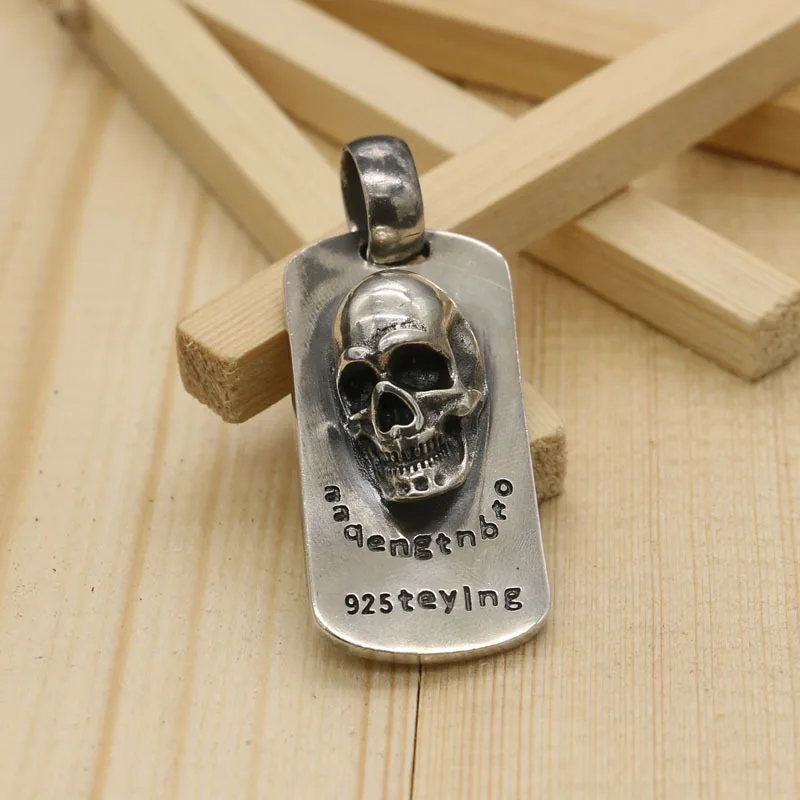 European and American sterling silver skull pendant Punk rock style retro necklace Thai silver domineering military tag pendant