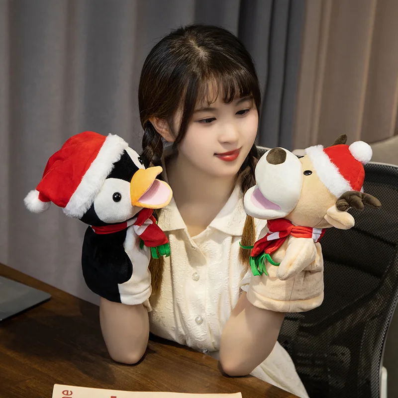หุ่นมือคริสต์มาสน่ารัก ตุ๊กตาการ์ตูน ของเล่นตุ๊กตาขนนุ่ม ซานตาคลอส กวางเรนเดียร์ มนุษย์หิมะ เพนกวิน นิทาน ของเล่นเสริมพัฒนาการ ของขวัญวันเกิด