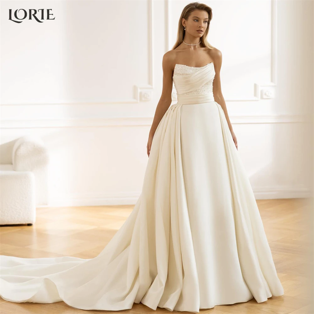 

LORIE Vintage Glitter Wedding Dresses Sparkly Square Collar Off Shoulder Backless Bridal Gowns Sleeveless Pleats Bride Dress