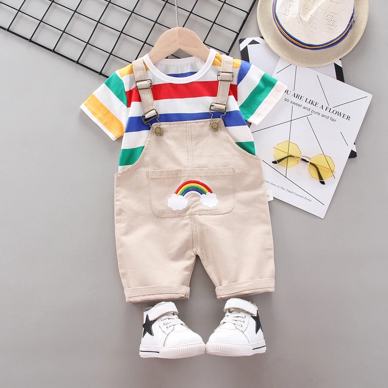 New Summer Baby Girl Clothes Suit Children Boys Striped Fashion T-Shirt Overalls 2Pcs/Set Toddler Casual Costume Kids Tracksuits