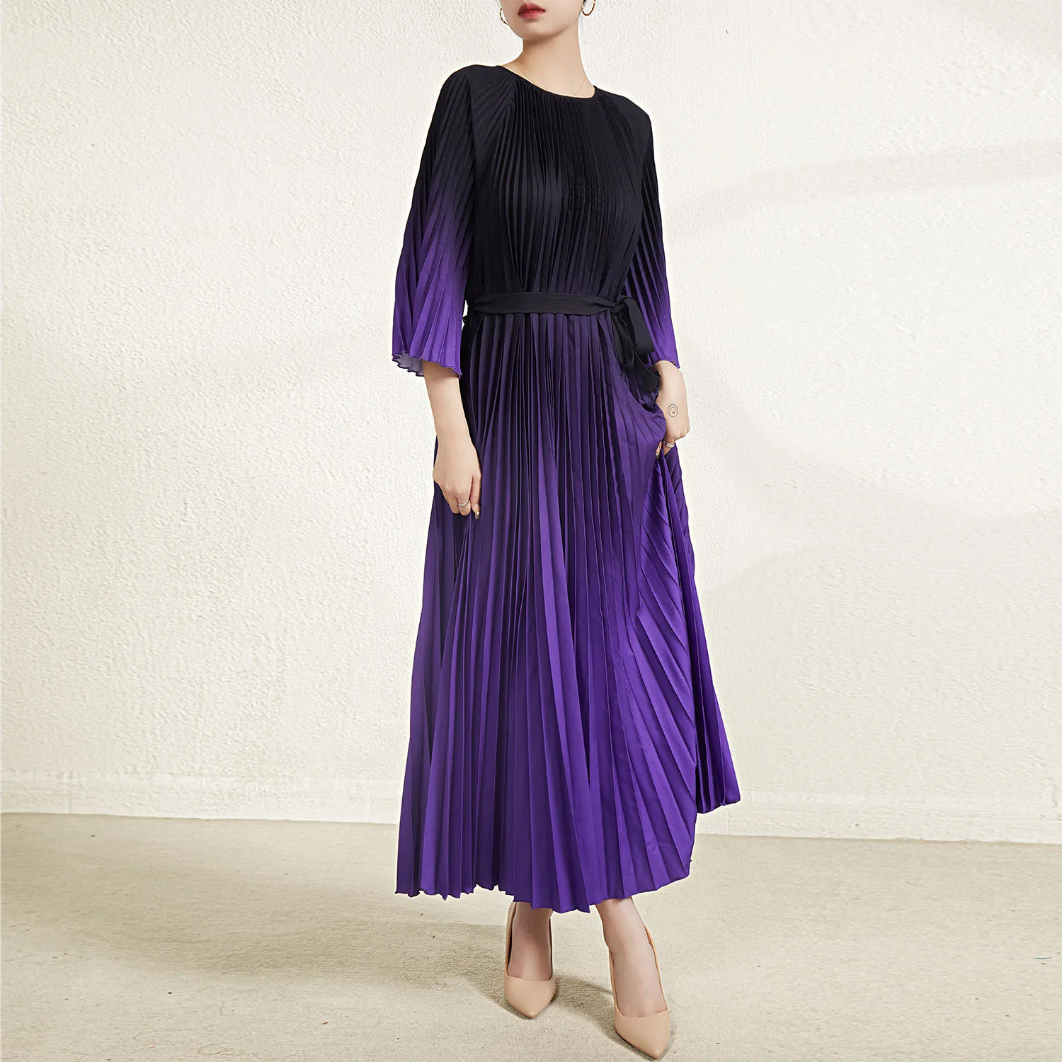 

Loose Long Sve round Ne adient Color Dr Women's Faionable Wide Waist Belted Dr High Waist Polyester Long Skirt