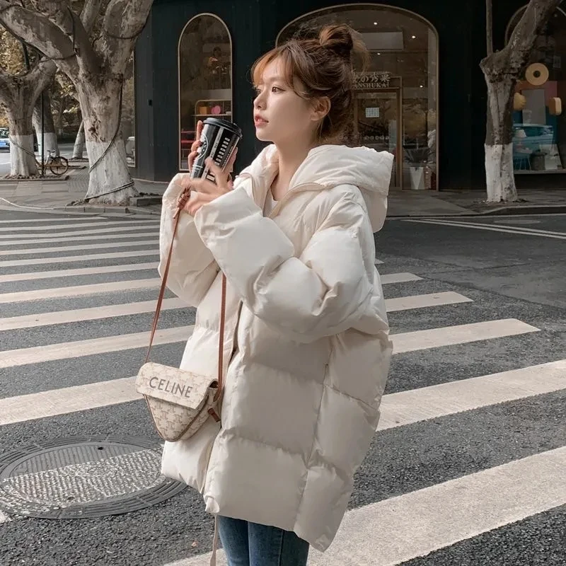 

New Down Cotton Parka Winter Jackets Women White Zipper 2025 Korean Loose Hooded Bubble Coats Female Simple Basic Outwear
