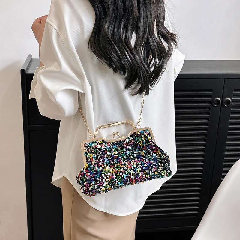 LEFTSIDE Sequin Crossbody Bags for Women 2023 Luxury Designer Fashion Party Handbags Trend Chain Cluth