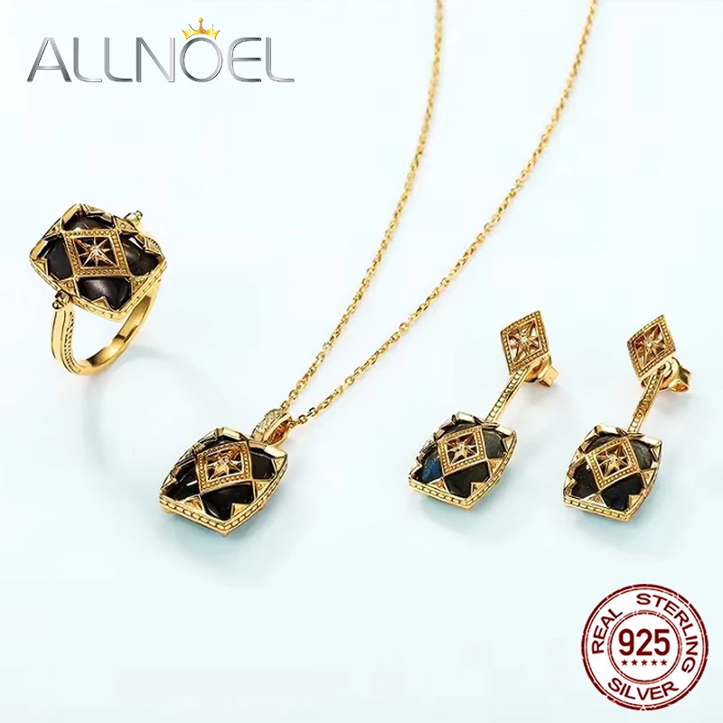 

ALLNOEL Vintage 925 Sterling Silver Natural Labradorite Ring Pendant Earring Fashion Jewelry Christmas Party Gift Accessories