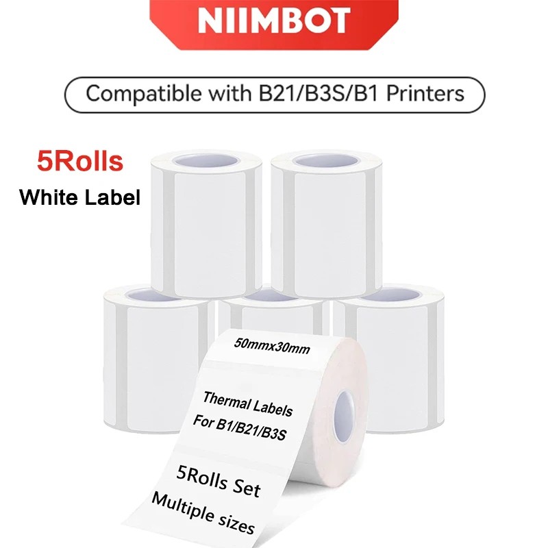 Niimbot B1 B21 Label Paper 5Rolls Pure White Thermal Self-Adhesive Stickers Tag Price Anti-Oil Waterproof Tear-Resistant Labels