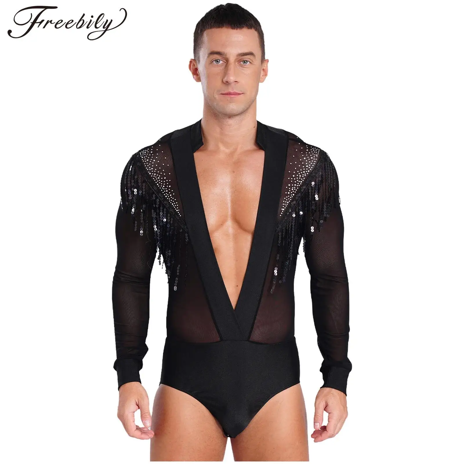 Mens Latin Dance Shirts Deep V-neck Sheer Mesh Splice Sequined Tassels Latin Top Ballroom Dancing Competition Performance Wear