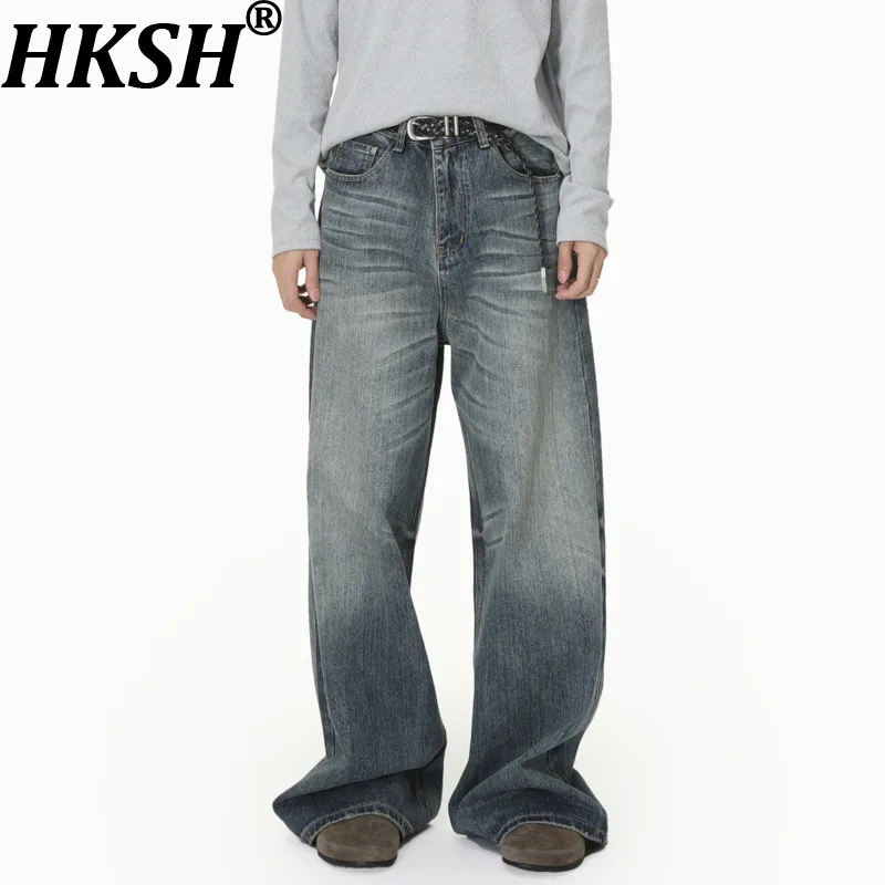 

HKSH Spring New Men's American Vibe Cat-ear Pattern Drapey Floor-length Jeans Vintage Casual Washed Denim Pants Trendy HK21679