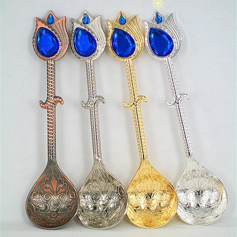 Mosaic Simulation Sapphire Coffee Spoons, Bronze, Retro Tea, Vintage, Small, Dessert, Sugar, Melon, Honey, Fashion, Home