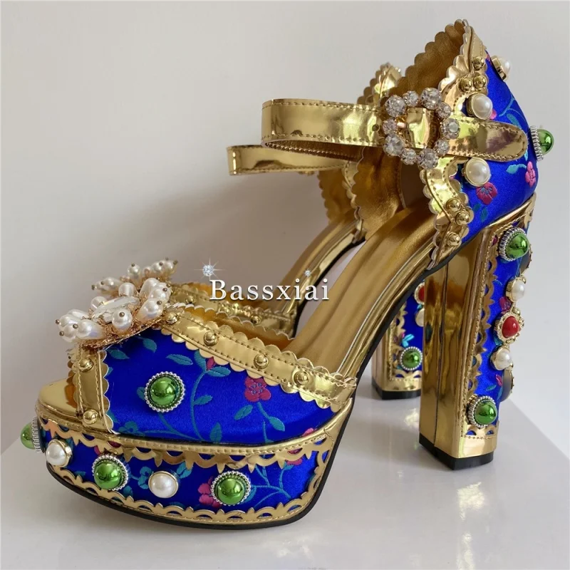 Top Quality Embroidery Satin Party Shoes Summer Beads Pearl Chunky Heel Rhinestone Diamond Platform Sandals Women image 4