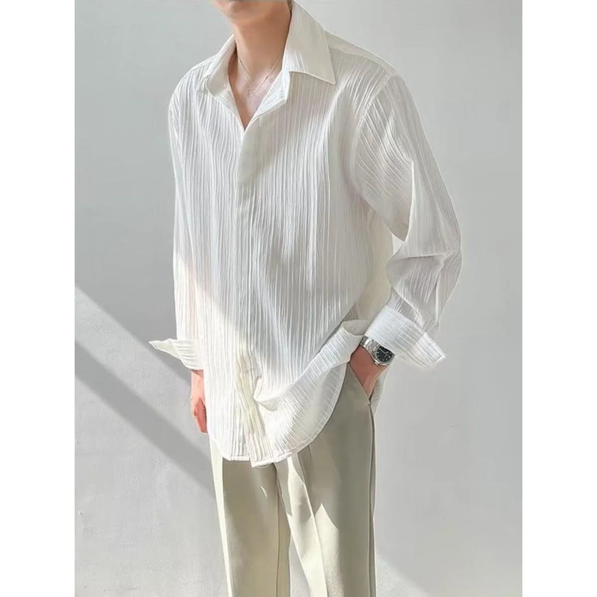 Men's Casual Long Sleeve Shirt Folded Texture Drape Style Spring New Loose Fit Korean Trend No Ironing Required Fashionable S...