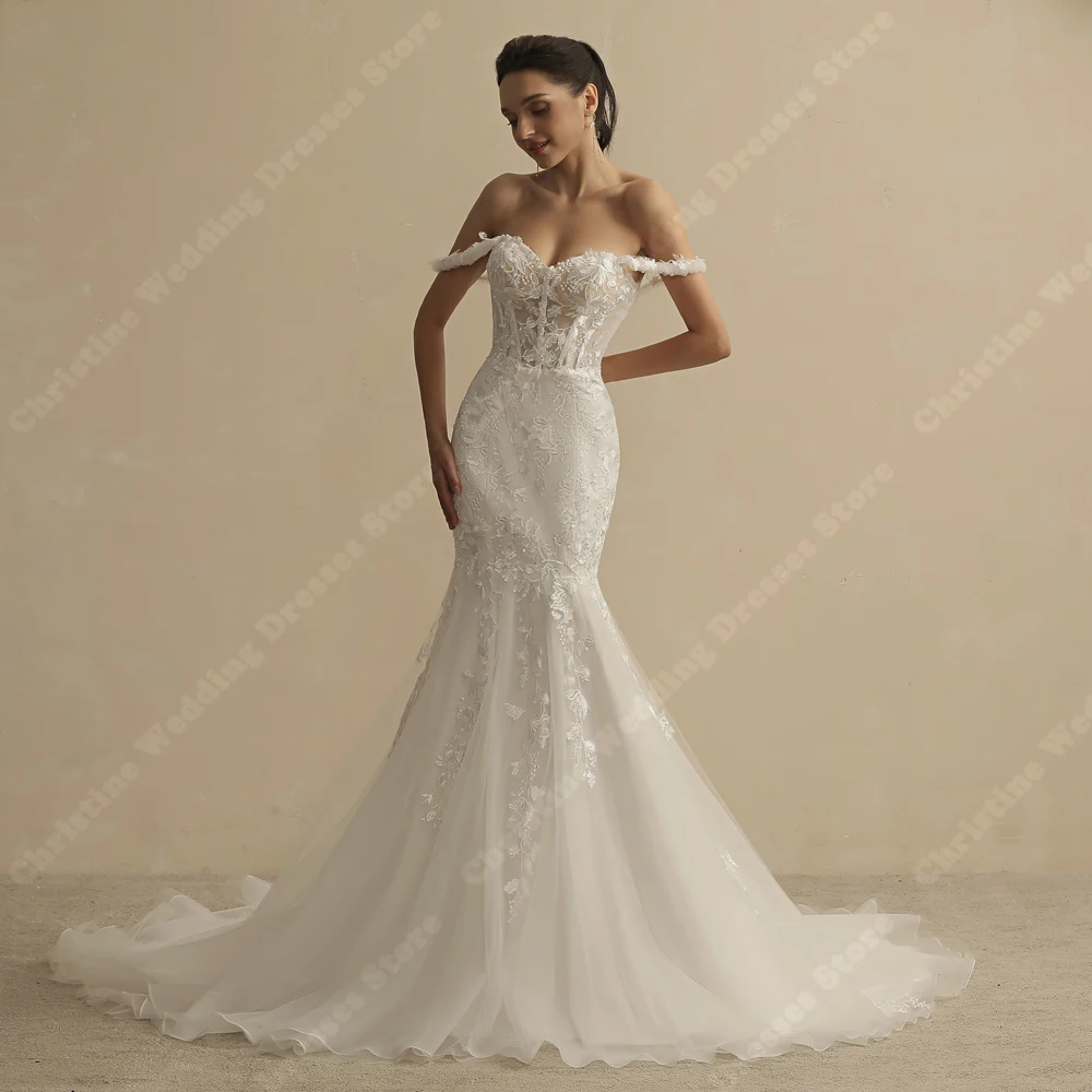 Vestidos De novia De tul simples para mujer, Vestidos De novia formales sin hombros, longitud De fregado De sirena, Vestidos De novia De princesa, Vestidos De playa