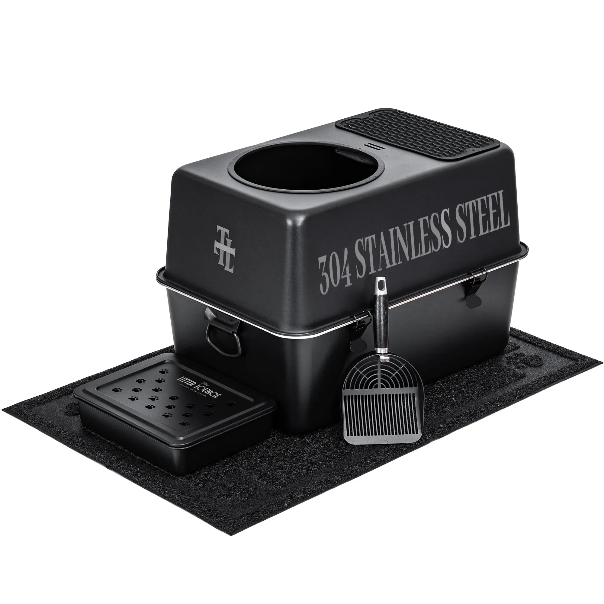 304 Stainless Steel Top-Entry Cat Litter Box Fully Enclosed Odor-Eliminating Design Foot Pedal Scoop Easy Clean