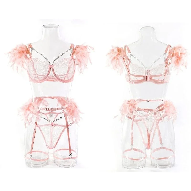 Feathers Transparent Bra Lingerie Set Sexy Underwear Women Body Chain Lace Exotic Set Luxury Intimate See Through Bra and Panty