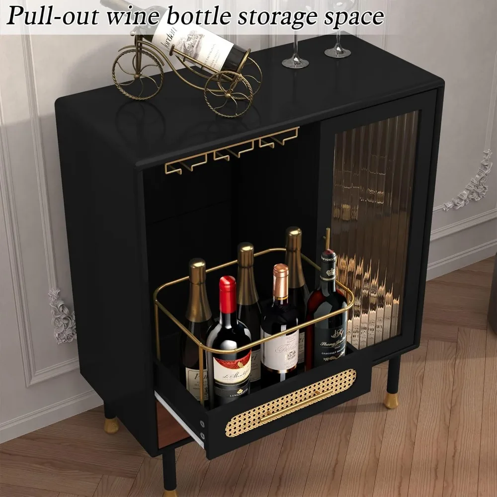 Contemporary Black Bar Cabinet with Pull-Out Wine Rack and Storage Drawers for Kitchen