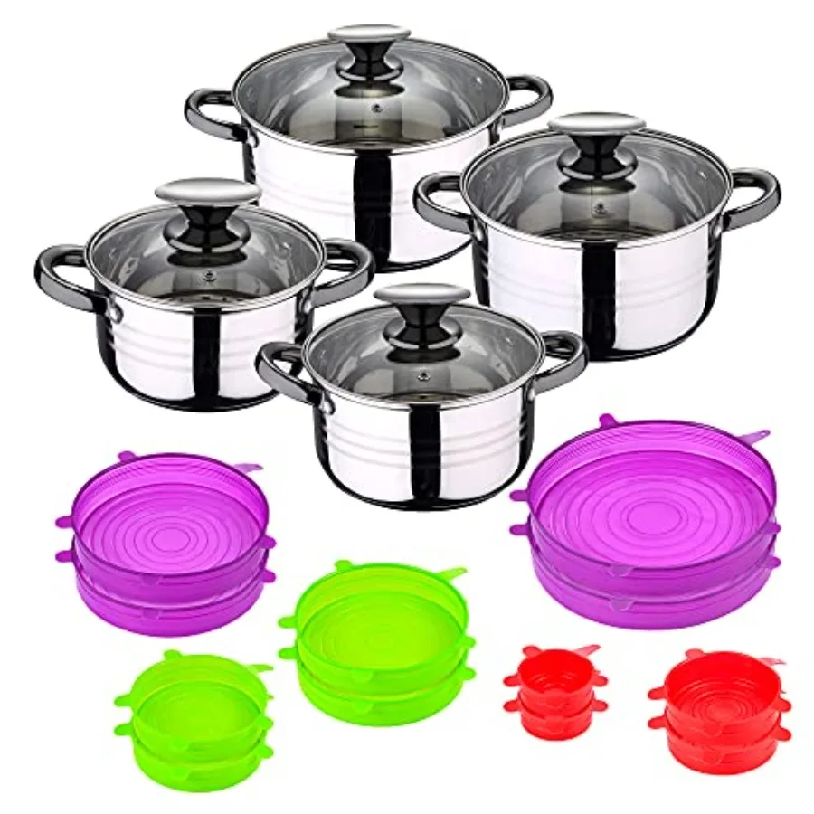 

8Piece Stainless Steel Cookware Set with 12 Silicone Lids Ideal for Induction Cooking Durable and HeatResistant Kitchen Solutio