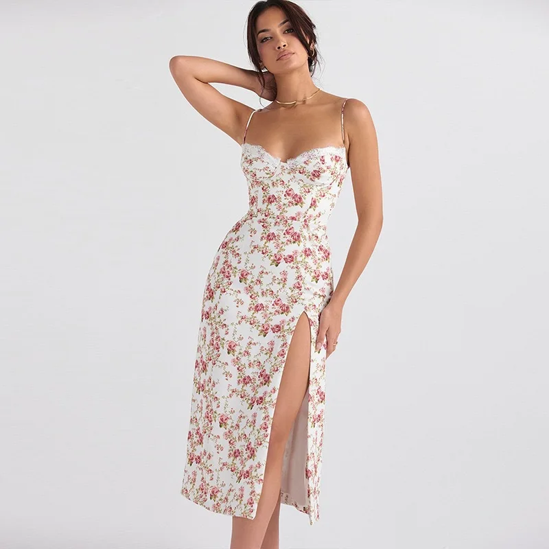 

Women's Flowers Print Spaghetti Strap Dress Sexy Lace Patchwork Low Cut Slim Slit Dress Streetwear Package Hip Vestidos Female